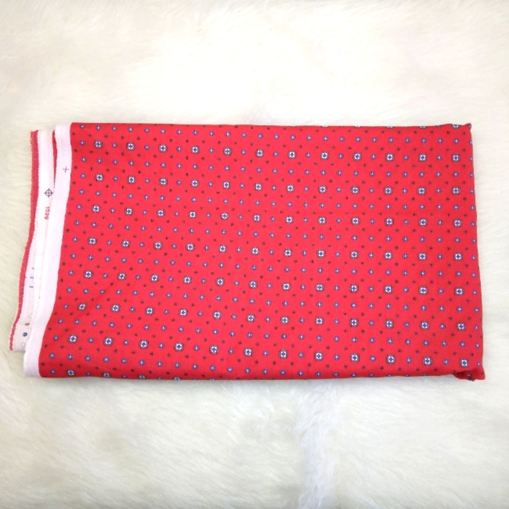 FABRIC Vintage 100% polyester. Red w/charming blue geometric pattern